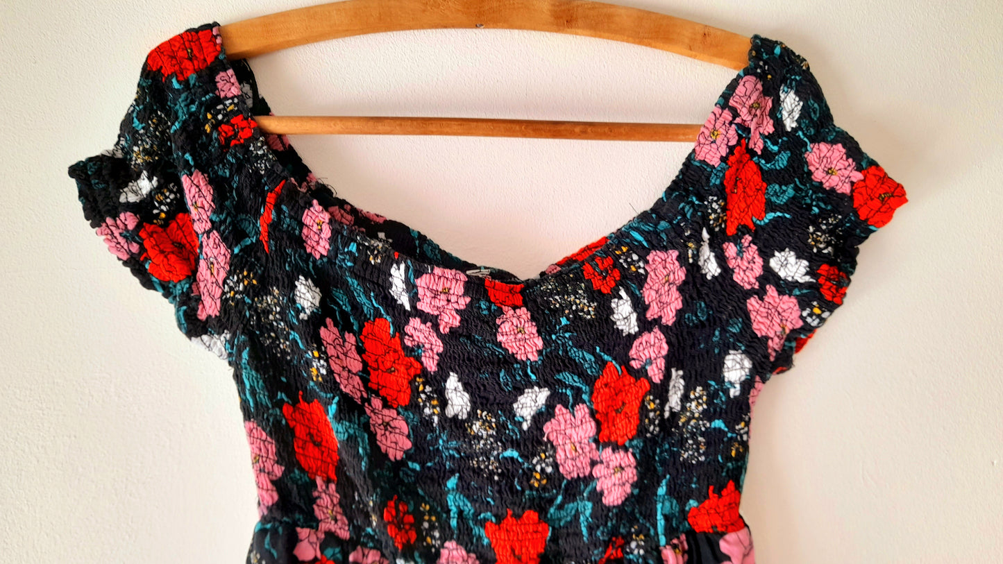 Vintage Black Rose Print Viscose Shirred Summer Dress