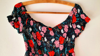 Vintage Black Rose Print Viscose Shirred Summer Dress