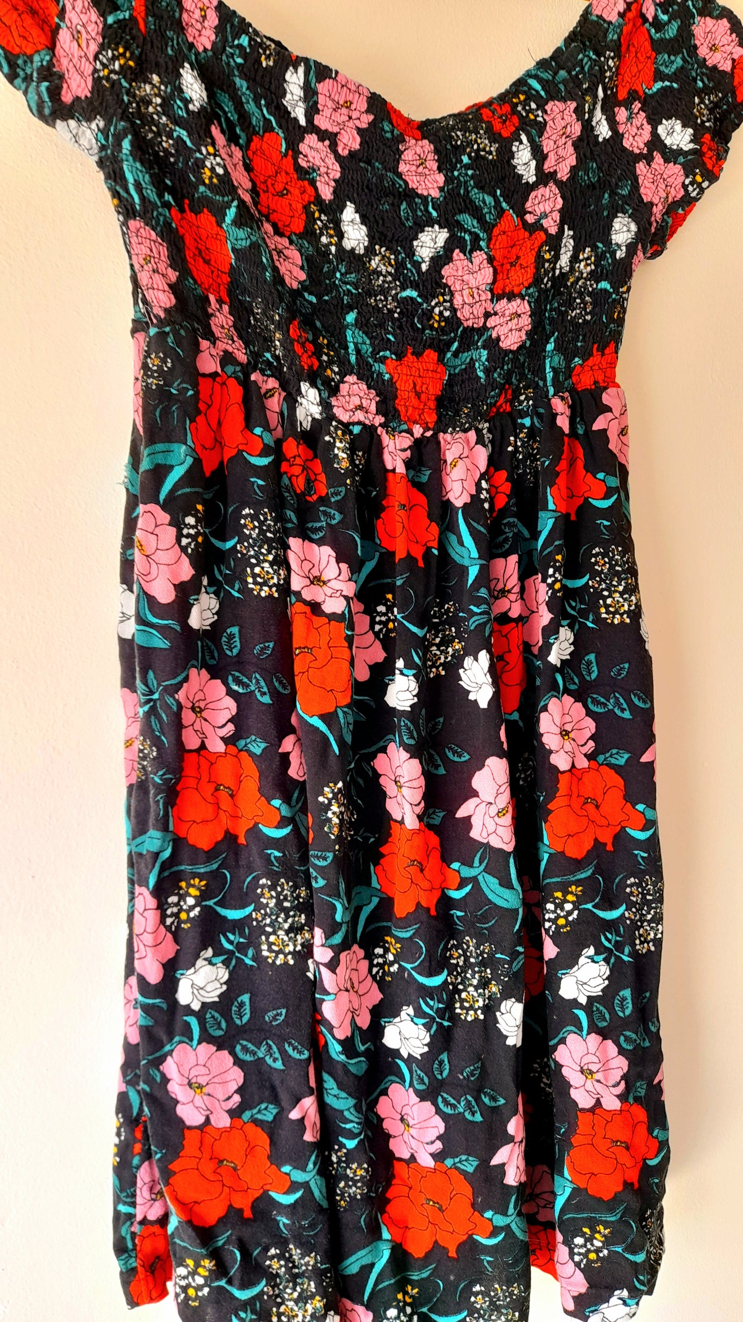 Vintage Black Rose Print Viscose Shirred Summer Dress