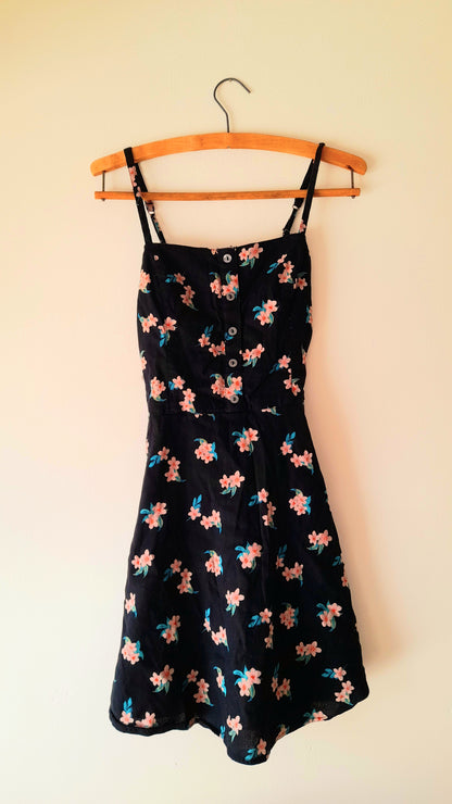 Vintage Black Pink Flower Print Cotton Blend Button Dress