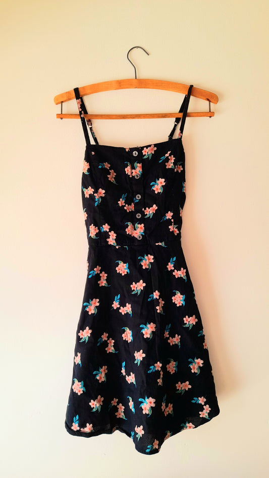 Vintage Black Pink Flower Print Cotton Blend Button Dress