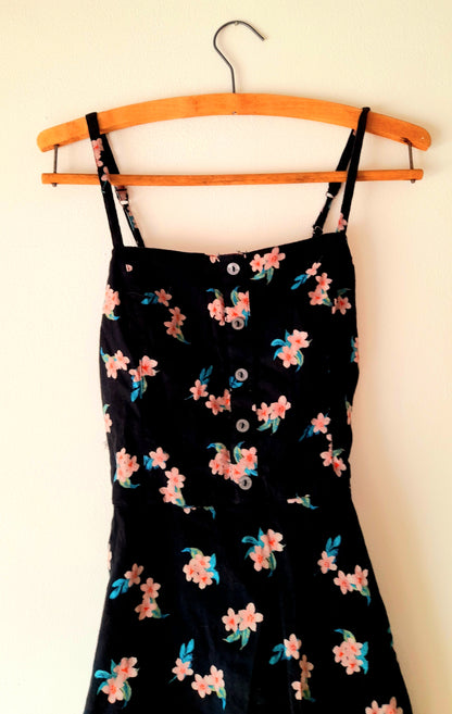 Vintage Black Pink Flower Print Cotton Blend Button Dress