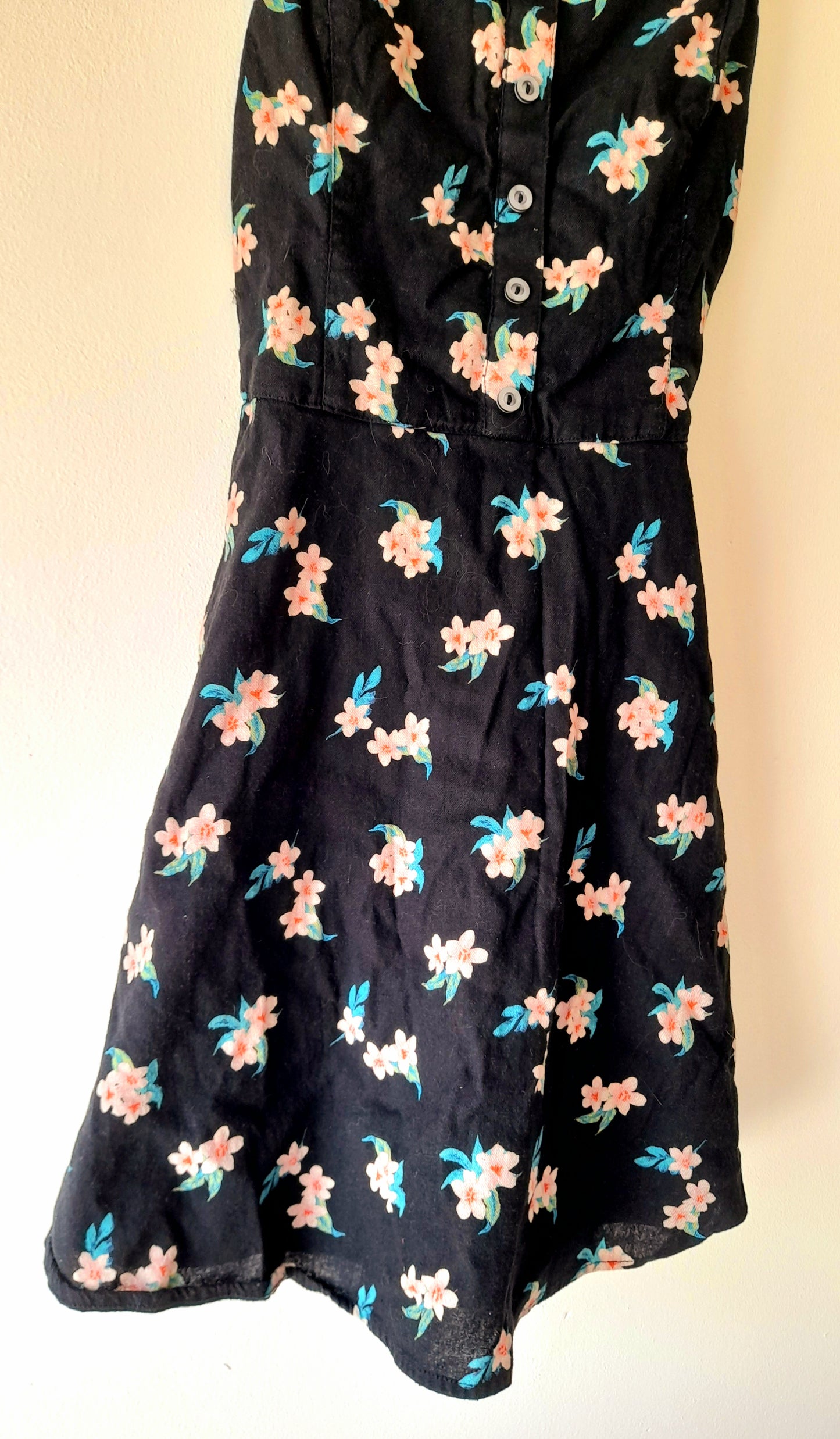 Vintage Black Pink Flower Print Cotton Blend Button Dress