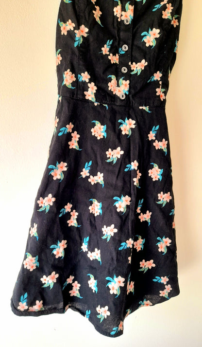 Vintage Black Pink Flower Print Cotton Blend Button Dress