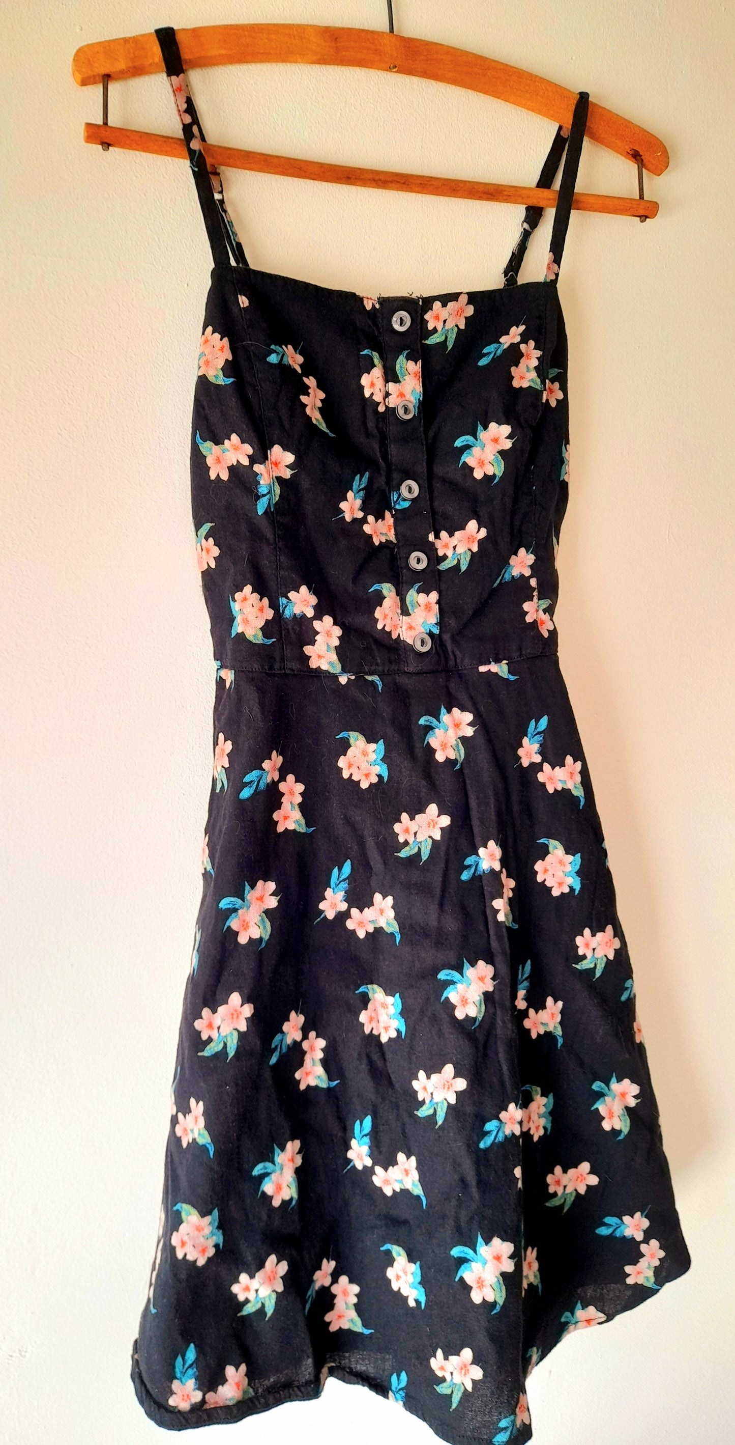 Vintage Black Pink Flower Print Cotton Blend Button Dress