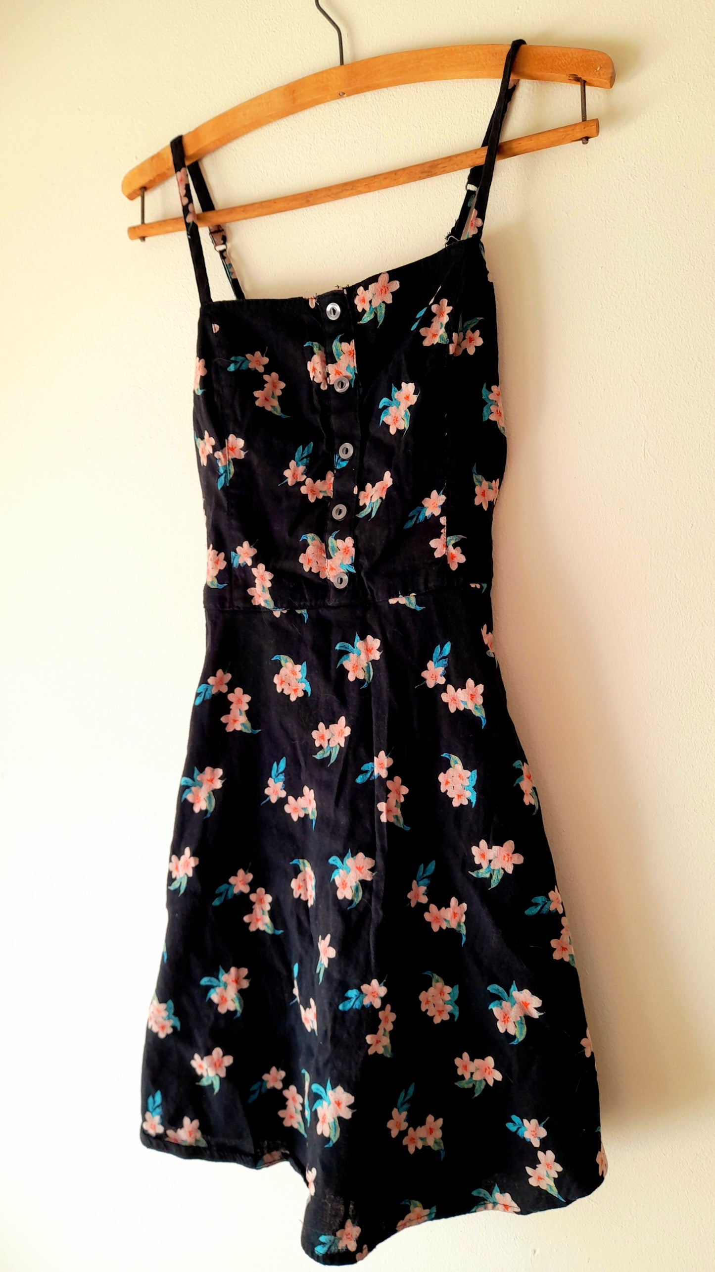 Vintage Black Pink Flower Print Cotton Blend Button Dress