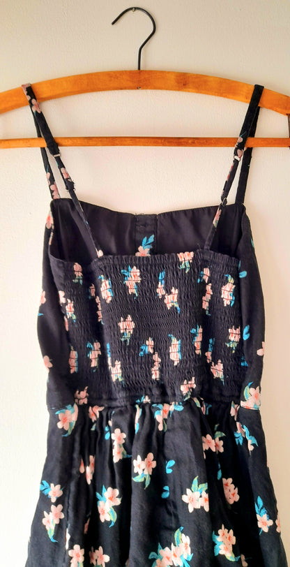 Vintage Black Pink Flower Print Cotton Blend Button Dress
