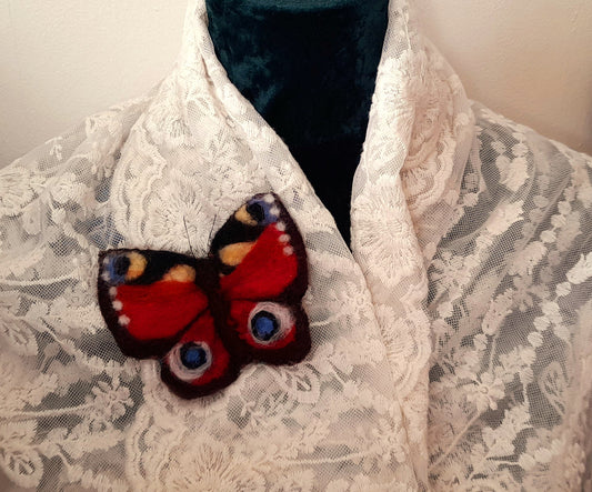 Peacock Butterfly Red Wool Felt Textile Brooch