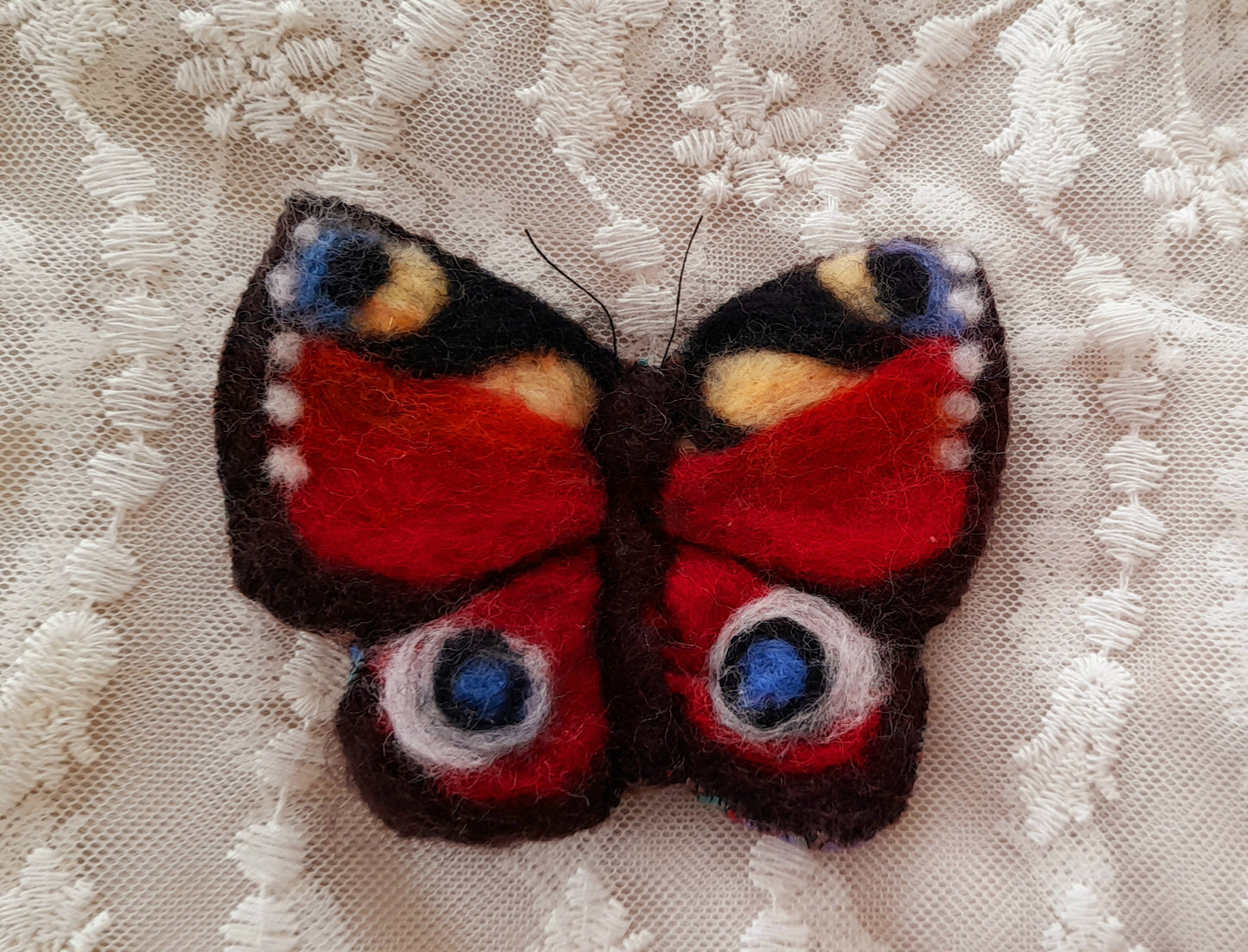 Peacock Butterfly Red Wool Felt Textile Brooch