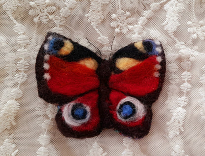 Peacock Butterfly Red Wool Felt Textile Brooch