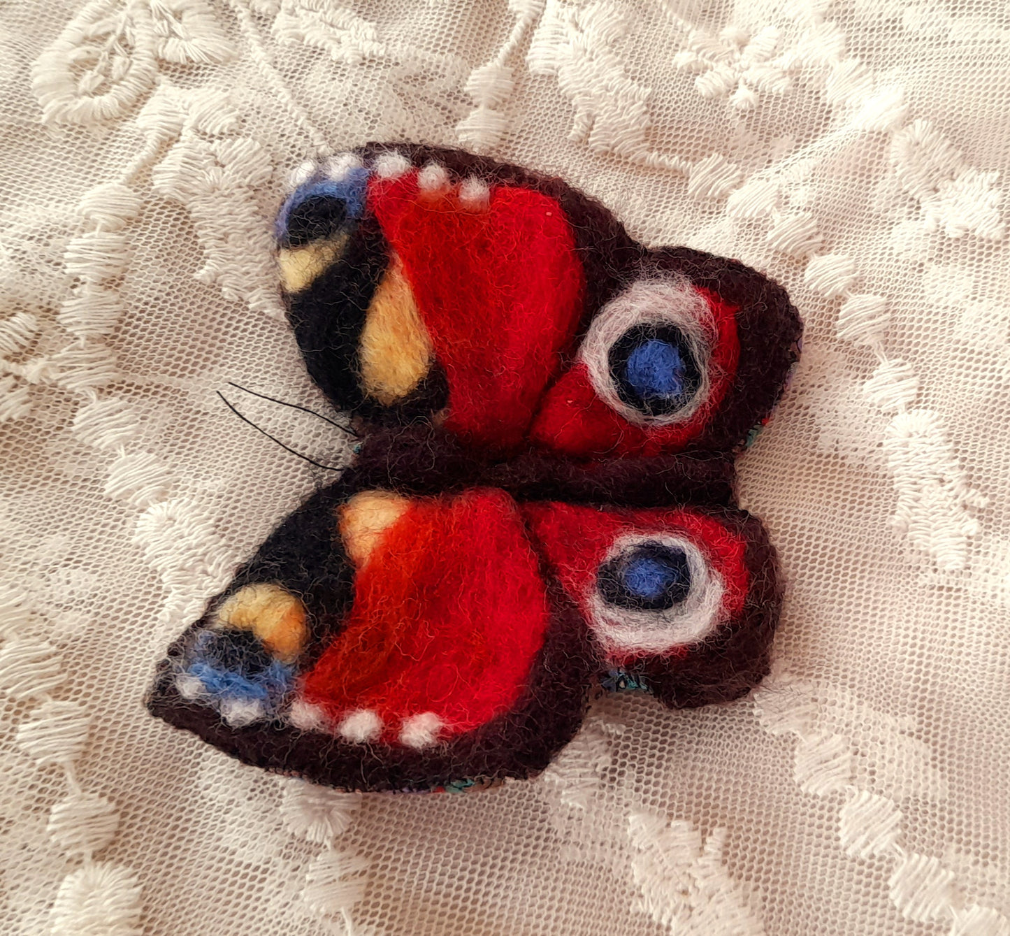 Peacock Butterfly Red Wool Felt Textile Brooch