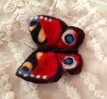 Peacock Butterfly Red Wool Felt Textile Brooch