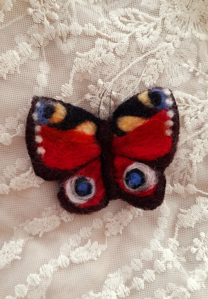 Peacock Butterfly Red Wool Felt Textile Brooch