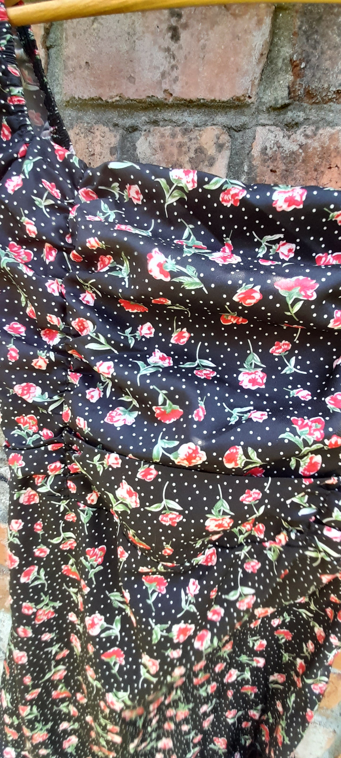 Vintage 80s Satin Rose Polka Dot Print Frill Mini Dress