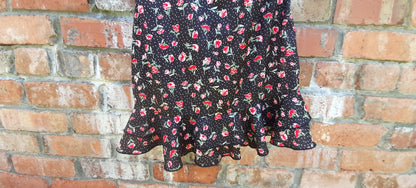 Vintage 80s Satin Rose Polka Dot Print Frill Mini Dress