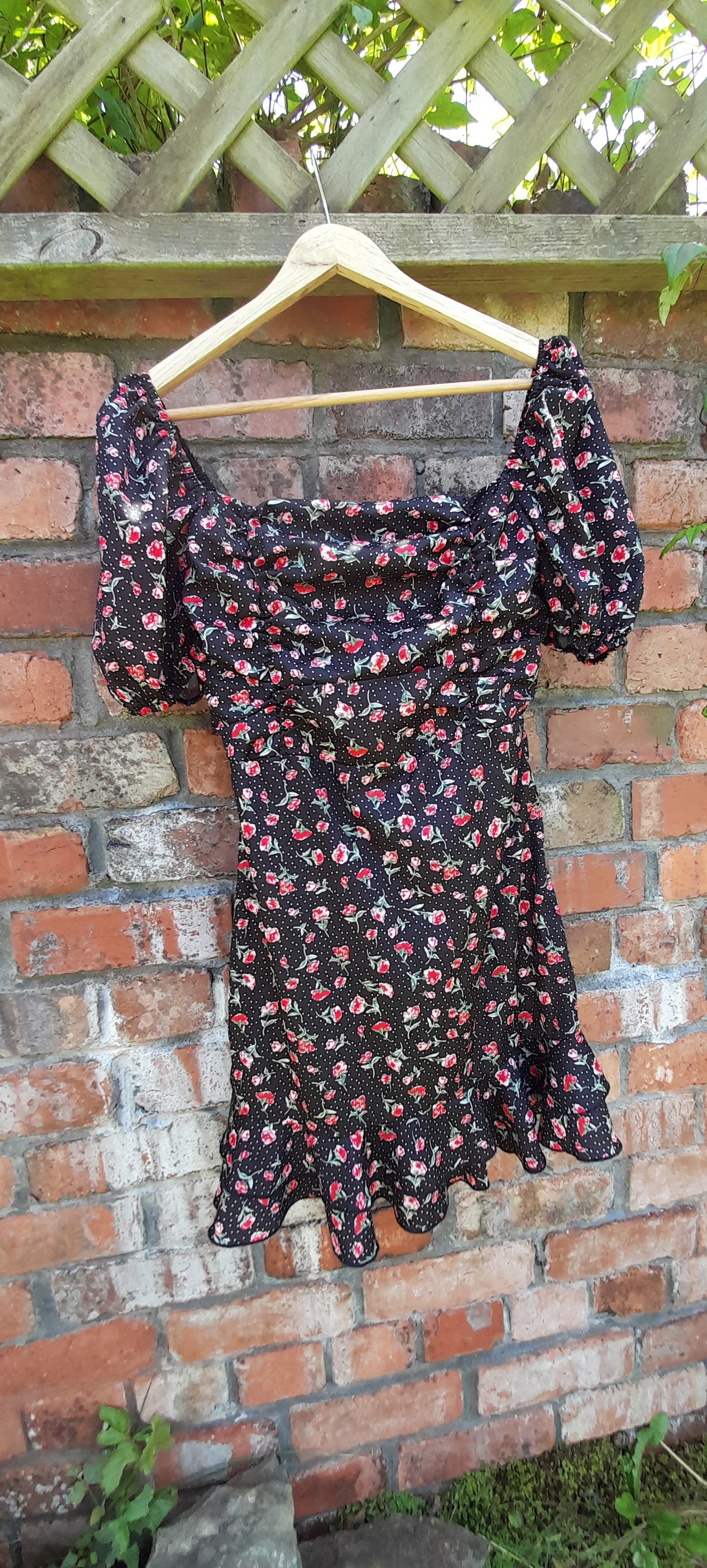 Vintage 80s Satin Rose Polka Dot Print Frill Mini Dress