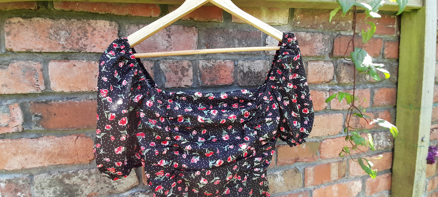Vintage 80s Satin Rose Polka Dot Print Frill Mini Dress