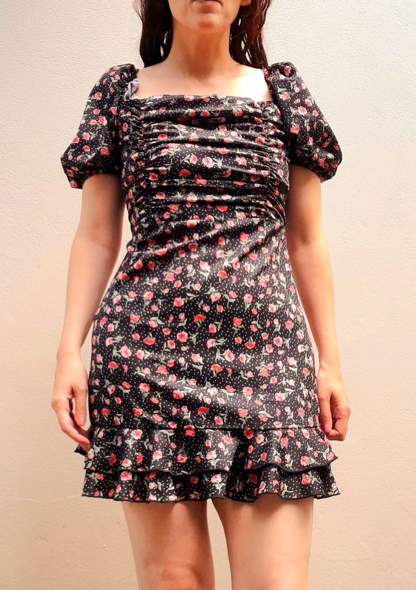 Vintage 80s Satin Rose Polka Dot Print Frill Mini Dress