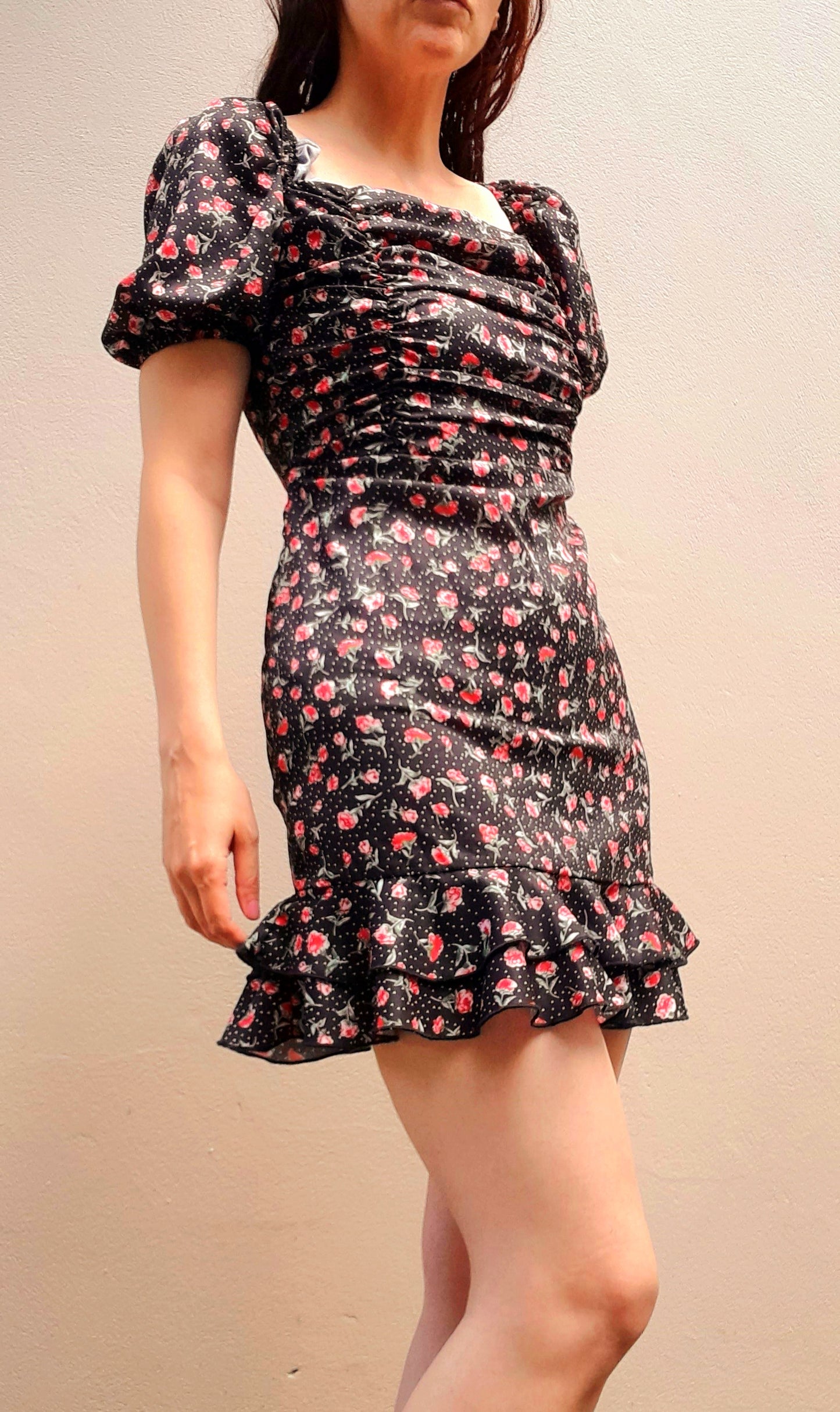 Vintage 80s Satin Rose Polka Dot Print Frill Mini Dress