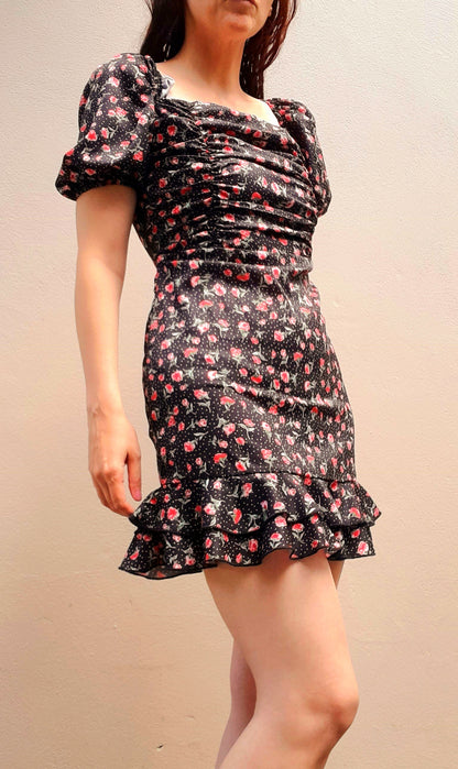 Vintage 80s Satin Rose Polka Dot Print Frill Mini Dress