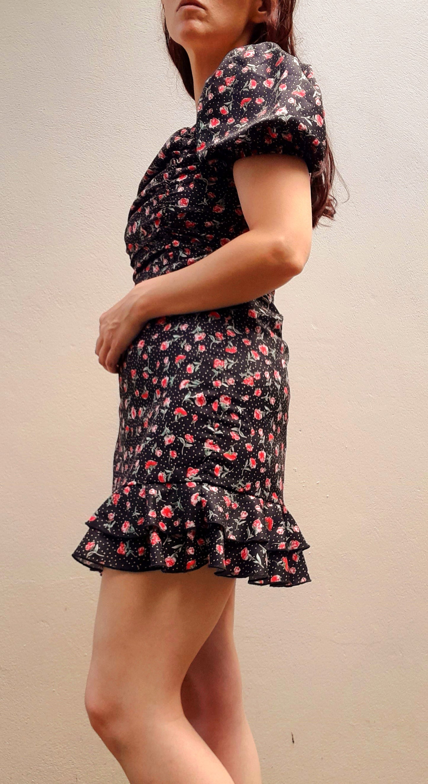 Vintage 80s Satin Rose Polka Dot Print Frill Mini Dress
