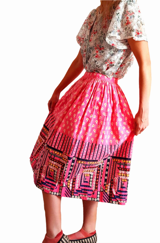 Vintage 1950s Pink Floral Patchwork Quilt Print Cotton Midi Skirt