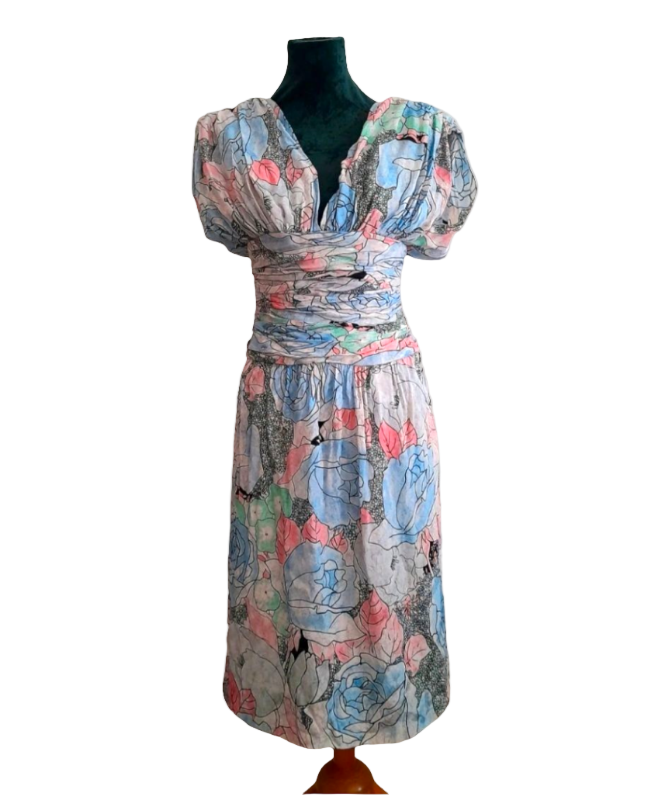 Vintage 80s Retro Pastel Flower Rouched Dress