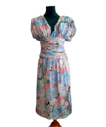 Vintage 80s Retro Pastel Flower Rouched Dress