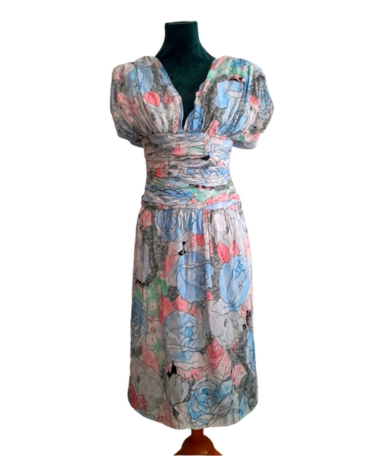 Vintage 80s Retro Pastel Flower Rouched Dress
