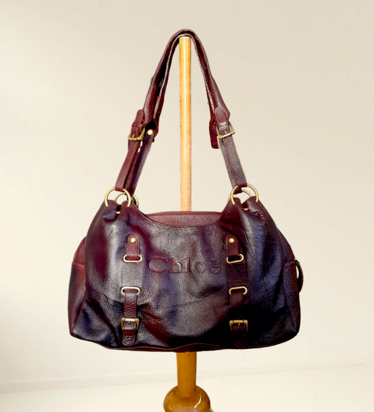 Burgundy lustrous deep cherry red leather designer chloe shoulder tote bag.