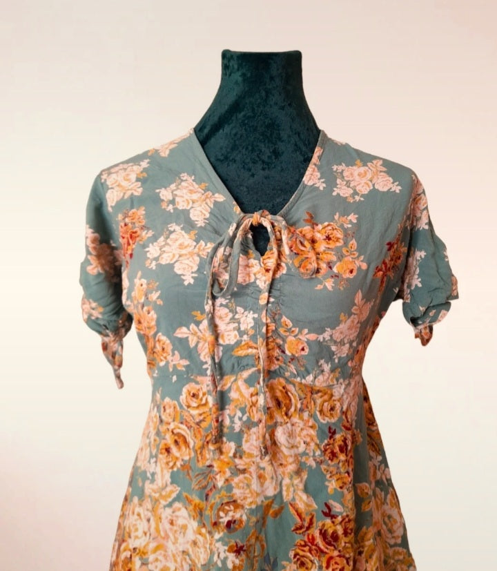 Vintage Nostalgia Sage Green Gold Rose Tea Dress