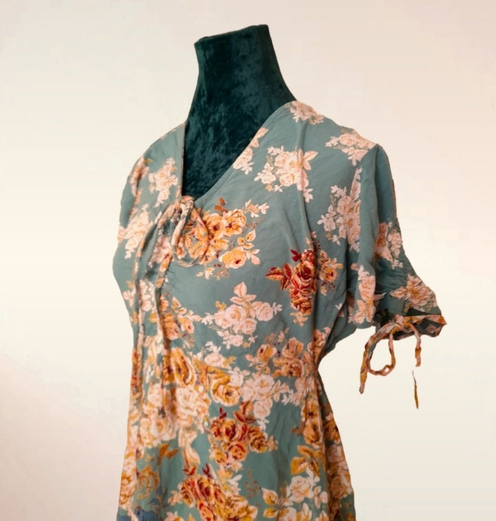 Vintage Nostalgia Sage Green Gold Rose Tea Dress