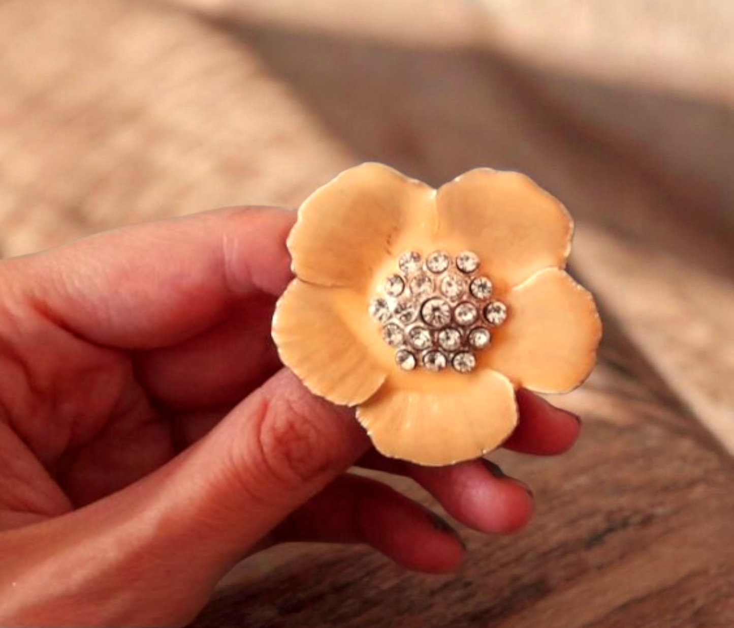 Enamel Bronze Rhinestone Flower Brooch