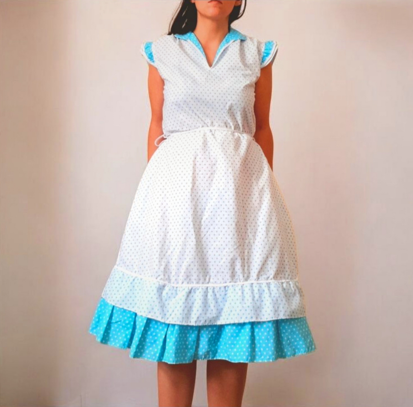 Vintage 70s C&A White Mint Polka Dot Dress