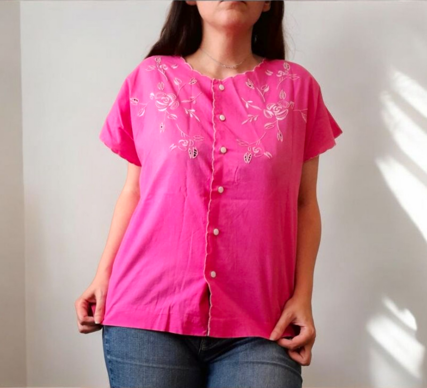 Vintage 1960s Hansewn Pink Floral Embroidered Blouse