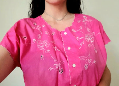 Vintage 1960s Hansewn Pink Floral Embroidered Blouse