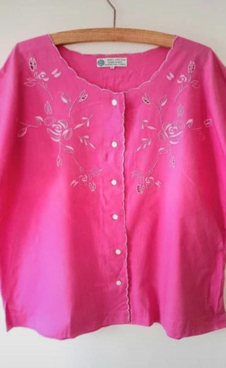 Vintage 1960s Hansewn Pink Floral Embroidered Blouse