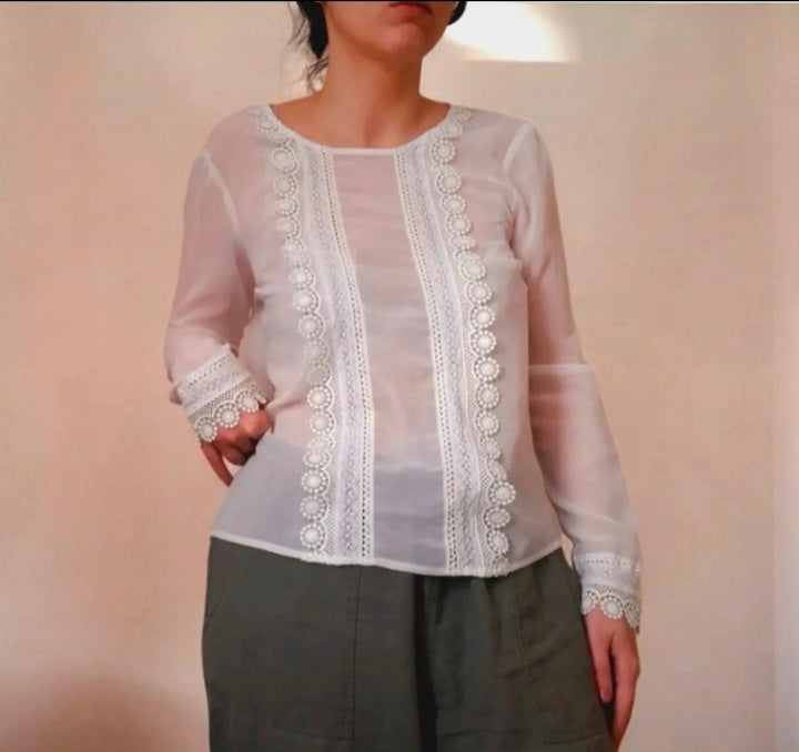 Vintage 90s Chiffon Crochet Trim Blouse