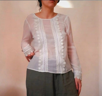 Vintage 90s Chiffon Crochet Trim Blouse
