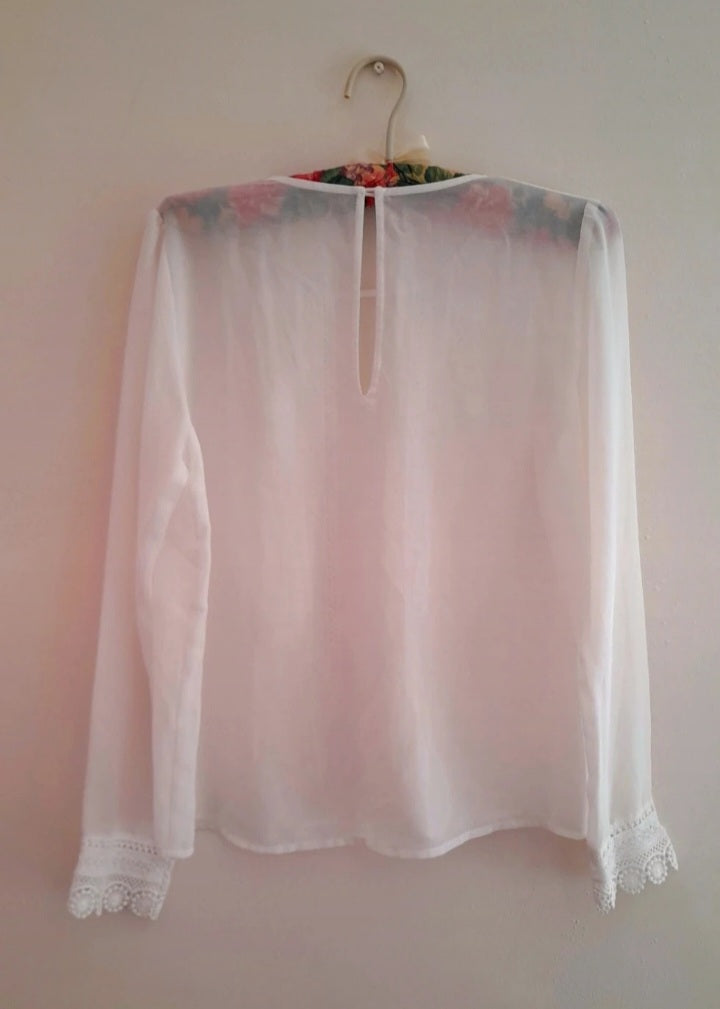 Vintage 90s Chiffon Crochet Trim Blouse