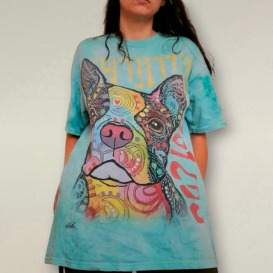 Aqua Blue Green Cotton T-Shirt With A Colourful Dog Graphic