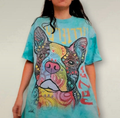 Aqua Blue Green Cotton T-Shirt With A Colourful Dog Graphic
