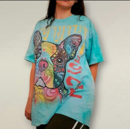 Aqua Blue Green Cotton T-Shirt With A Colourful Dog Graphic