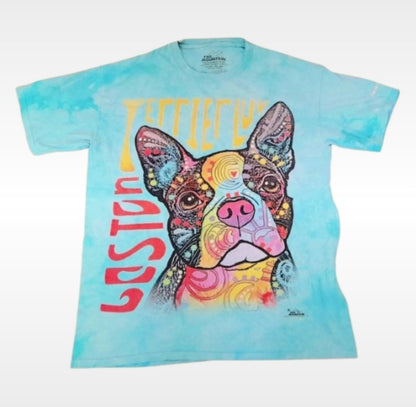 Aqua Blue Green Cotton T-Shirt With A Colourful Dog Graphic
