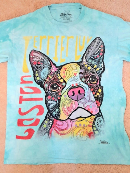 Aqua Blue Green Cotton T-Shirt With A Colourful Dog Graphic