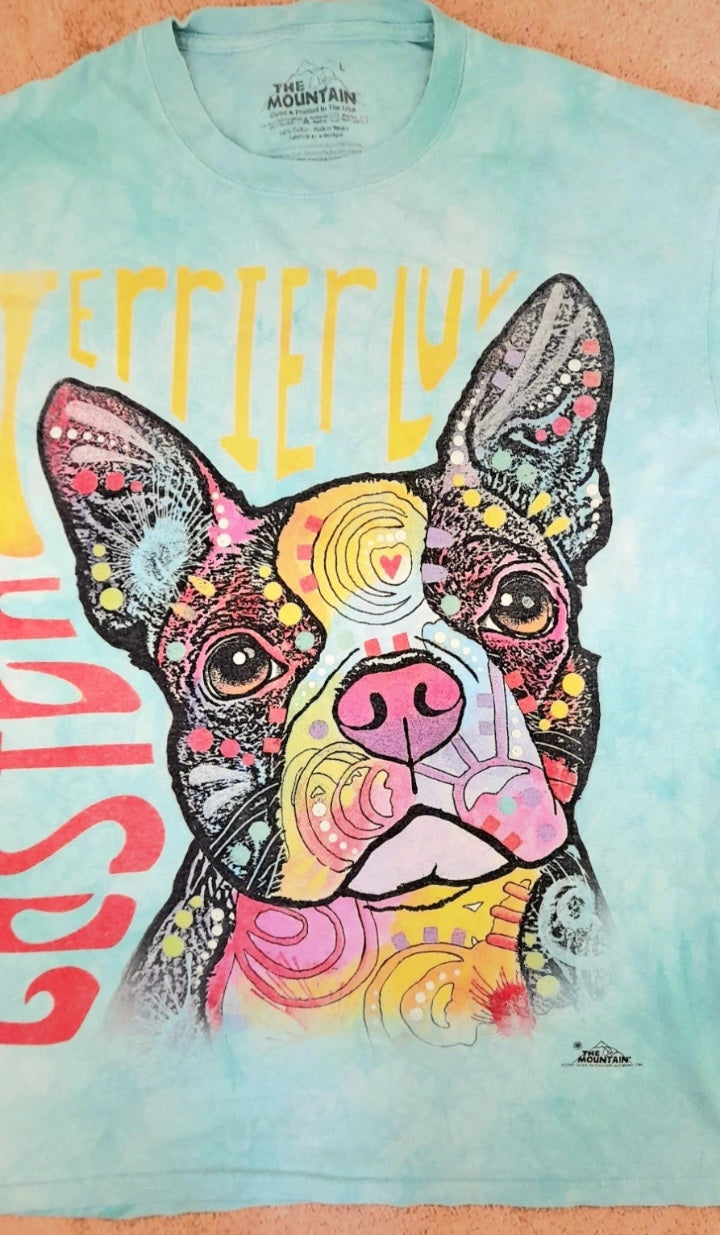 Aqua Blue Green Cotton T-Shirt With A Colourful Dog Graphic