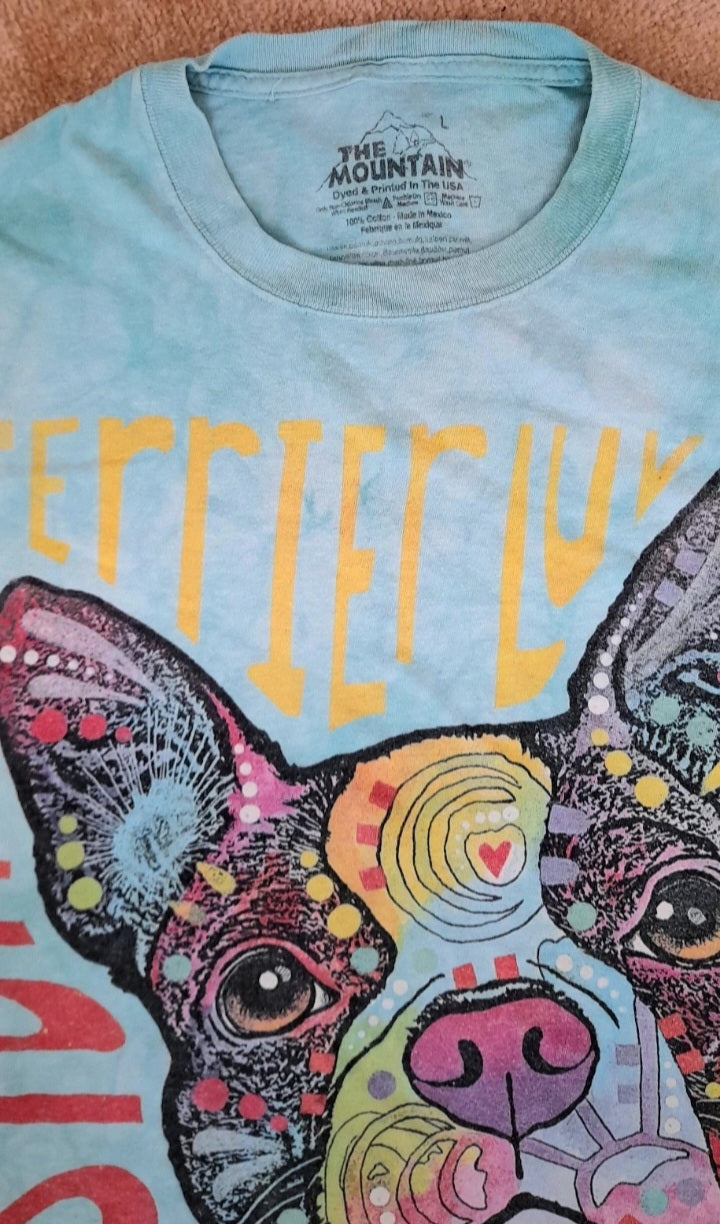 Aqua Blue Green Cotton T-Shirt With A Colourful Dog Graphic