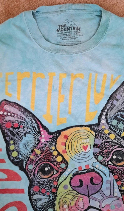 Aqua Blue Green Cotton T-Shirt With A Colourful Dog Graphic