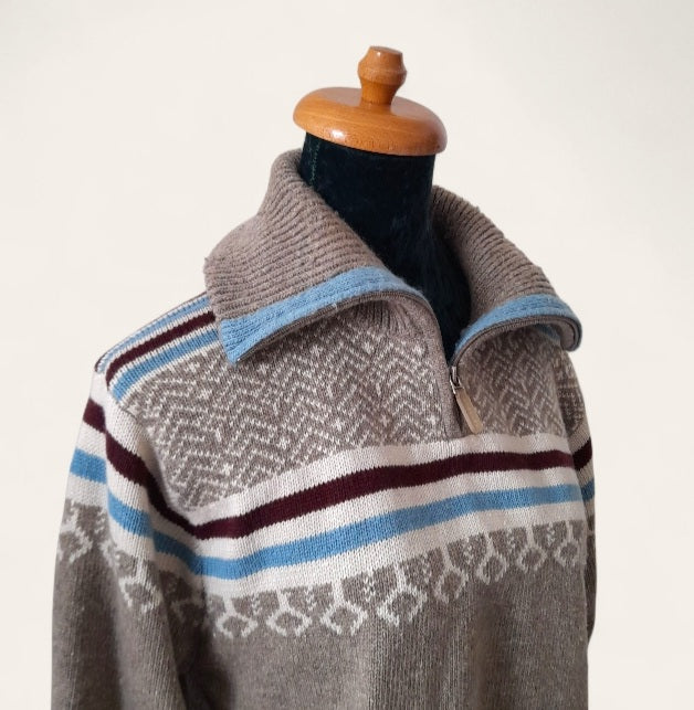 Vintage 90s RETREAT Oatmeal Icelandic Stripe Knit Quarter Zip Sweater