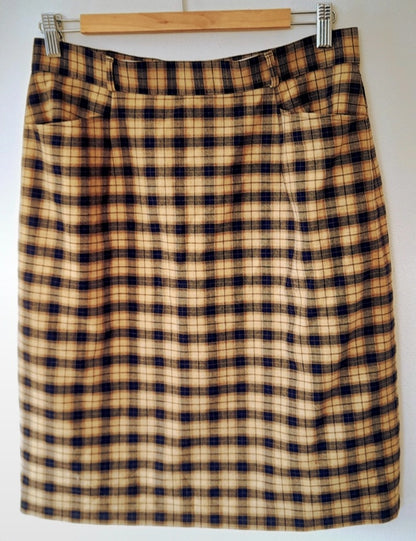 Vintage 90s Bianca Tan Black Check Plaid Wool Blend Skirt